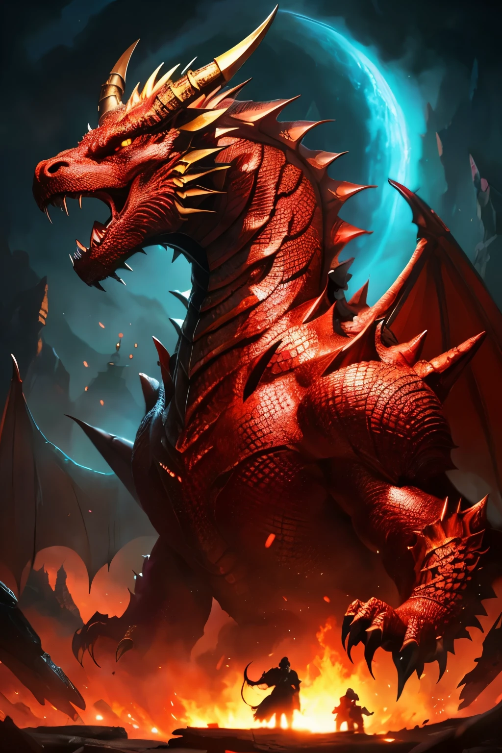 There is a big red dragon with a huge head and a huge body, epic fantasy card game art, highly detailed fantasy art, detailed digital 3d fantasy art, epic fantasy artwork, detaile3d fantasy art, epic fantasty card game art, Dungeons&Dragons Fantasy Art, hyperrealistic d & d fantasy art, symmetrical spectacular fantasy art, cyborg dragon portrait