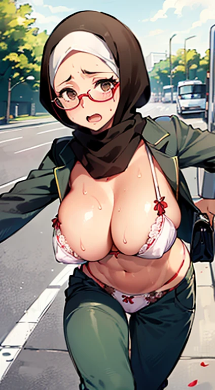 Photo of a mature malay female teacher with saggy breast breasts (((running to catch the bus))), on the side (street) 40yo,busty body, short body, (((tanned skin))), dimples, light, detailed face, panic face, ((looking panic )), (concerned), (open mouth),(scream), Perfect breasts, big breast, natural breasts, G cup, (((brown hijab))), (((glasses))), (sweat), (((open shirt))), (((floral cotton bra))), (((((breast out))))), (((pulled down brown trouser))), (((floral cotton panties))), ((holding bag))