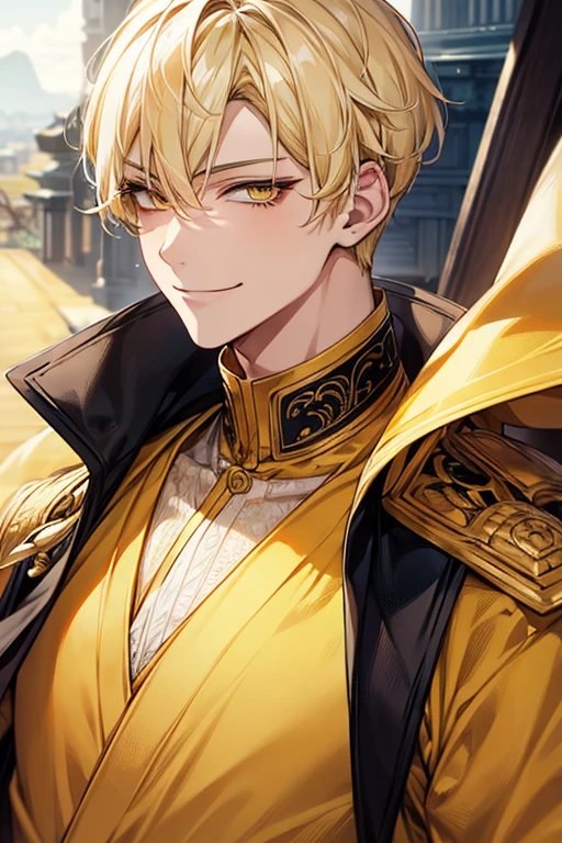 man 1、yellow short hair, long yellow eyelashes、yellow eyebrows、Handsome man with expressive eyes, Smiling, Yellow eyes、细致背景、Kandura