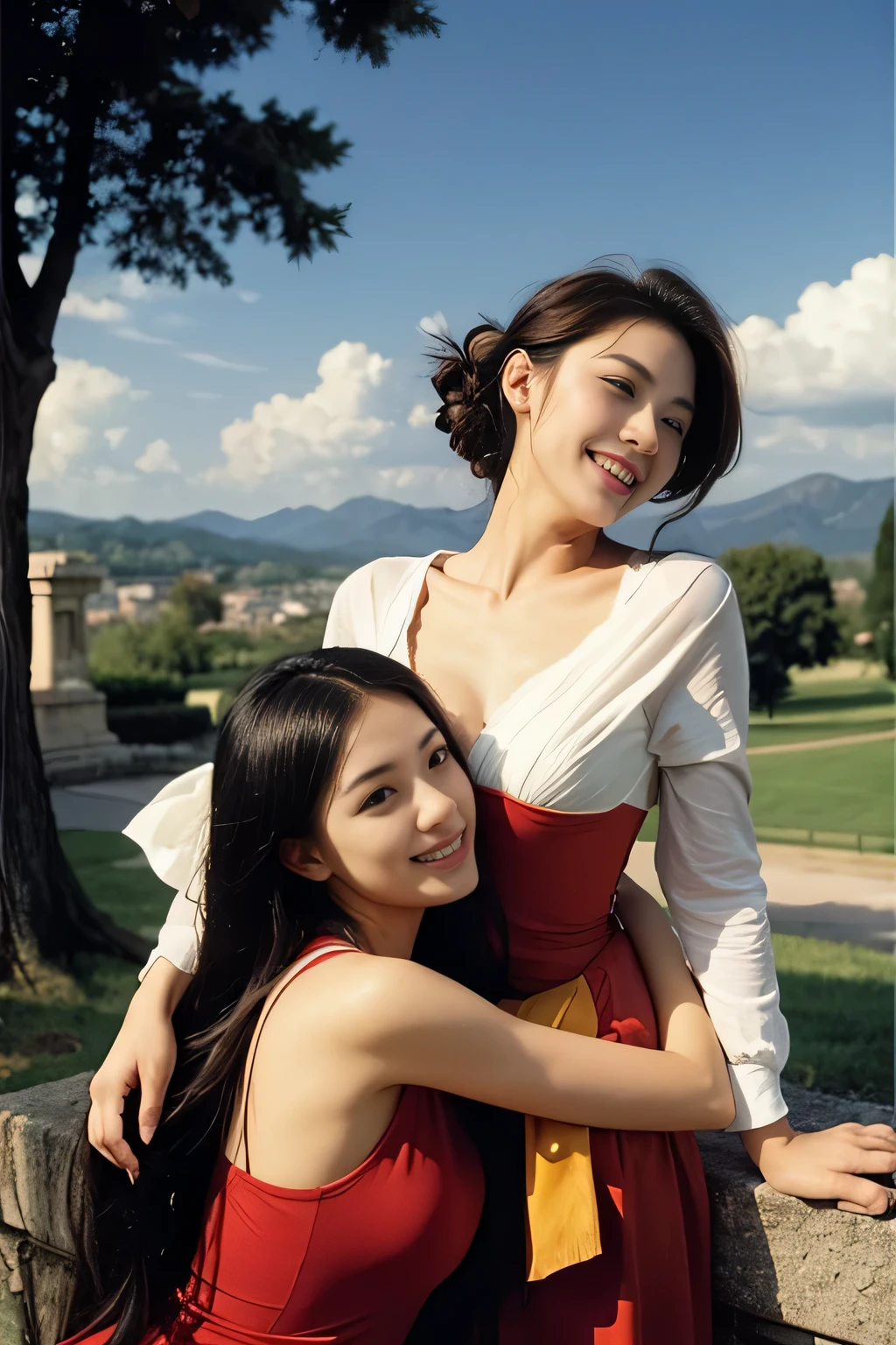 Ancient Roman ruins,Poussin-style landscape,A smile,,Sweet and seductive appearance.、Caravaggio's paintings、Chiaroscuro of Caravaggio、Hair disheveled in the wind,Two women frolicking,Cute smile, Expression of ecstasy,A sexy,erotick