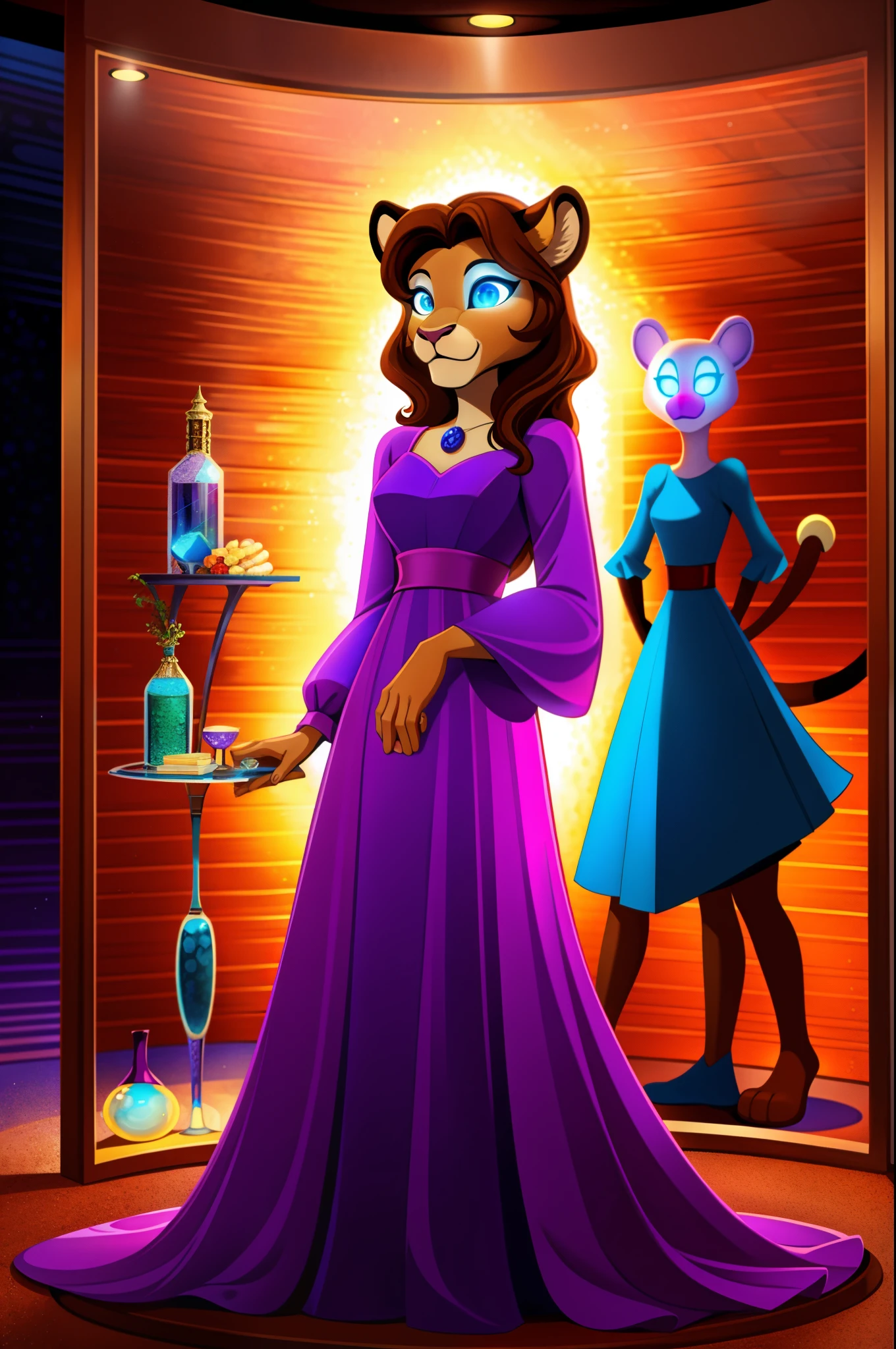 1girl, housewife, lioness anthro, brown hair, blue eyes, glowing eyes, purple dress, glass case, mind-controlled, hypnotized, hollow eyes, 3D Disney style, full body