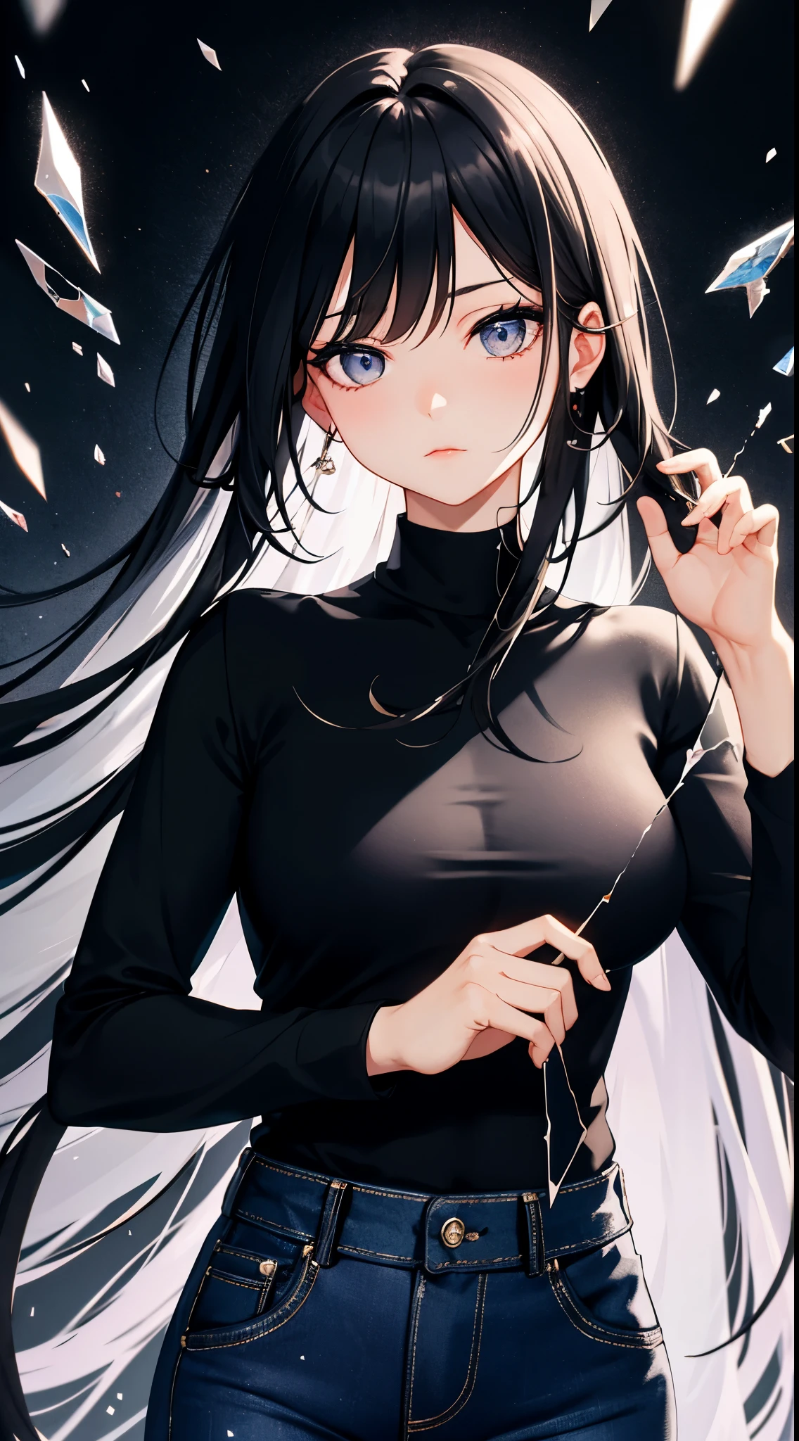 best quality, wallpaper, 1girl, black hair, very long hair, gray eyes, finely detailed beautiful eyes, sharp face, finely detailed beautiful face, black shirt, black jeans pants, dark background, broken glass, falling glass, light particles,