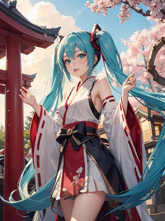 high-level image quality,1girl,miku hatsune,shrines,miko,The dragon,Dragon in the sky,Plum blossoms