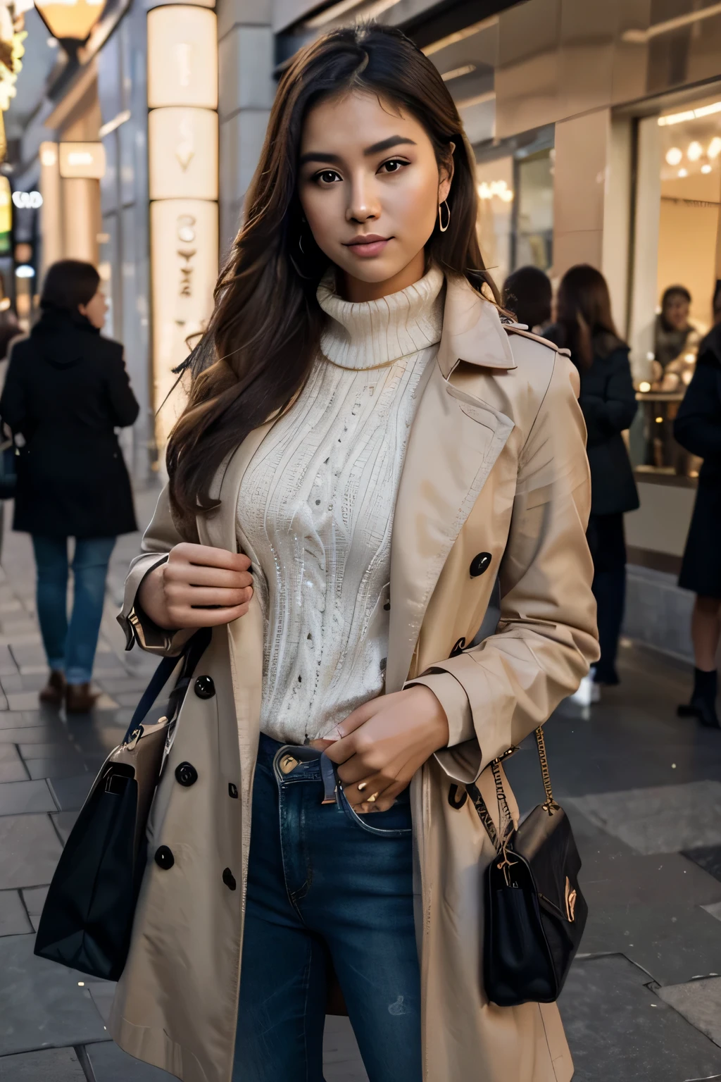 - picture of a 24-year-old stunning Asian woman woman with brown eyes standing in front of a luxury shopping center resembling Harrod's in London; the picture shows the entire body from head to toe; she is wearing skin tight blue jeans, beige high heels, a beige trench coat going down towards her chin, a white turtleneck sweater underneath, wears a scarf; in both hands she is holding a dark orange shopping bag with blue handles; she is wearing luxury earrings; some people in the background can be seen; RAW UHD, details (textures! , hair! , glitter, color!! , disadvantages: 1.1), glossy eyes with high detail (looking at the camera), SLR lighting, SLR camera, ultra-quality, sharpness, depth of field, film grain (center), Fujifilm XT3, crystal clear, frame center, beautiful face, sharp focus, detailed skin pores, no make up, show skin realistically, complex eye details, full body, very long and very blonde hair