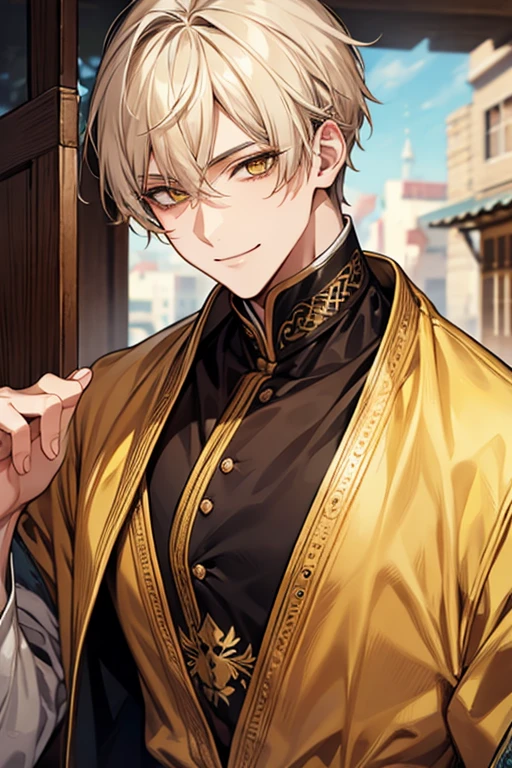 man 1、yellow short hair, long yellow eyelashes、yellow eyebrows、Handsome man with expressive eyes, Smiling, Yellow eyes、细致背景、Arabian costume
