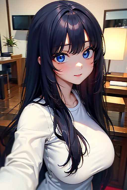 arafed woman with long hair and a white shirt posing for a picture, 8k selfie photograph, ulzzangs,  Korean girl, wenfei ye, xision wu, 19-year-old girl, 1 8 I, wan adorable korean face, gongbi, black hair,blue eyes, large breast, sexy