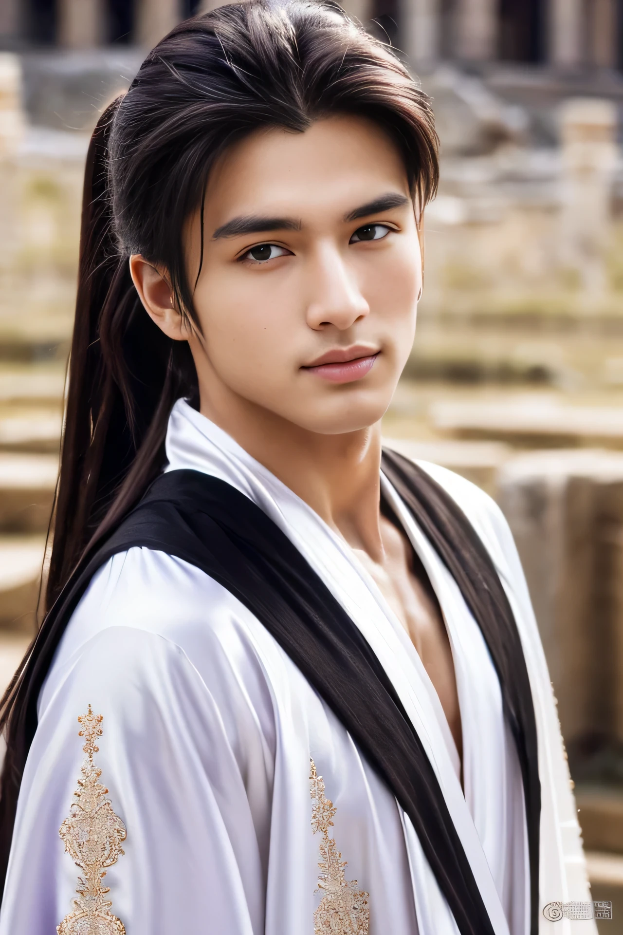 Best quality, masterpiece, ultra high res, (photorealistic:1.4), detailed face, detailed eyes, raw photo, young handsome male, black long hair, (full body), (ancient city ruin background:1.2), wearing white fluffy long robe with silver decoration, purple silk belt, messy ponytail