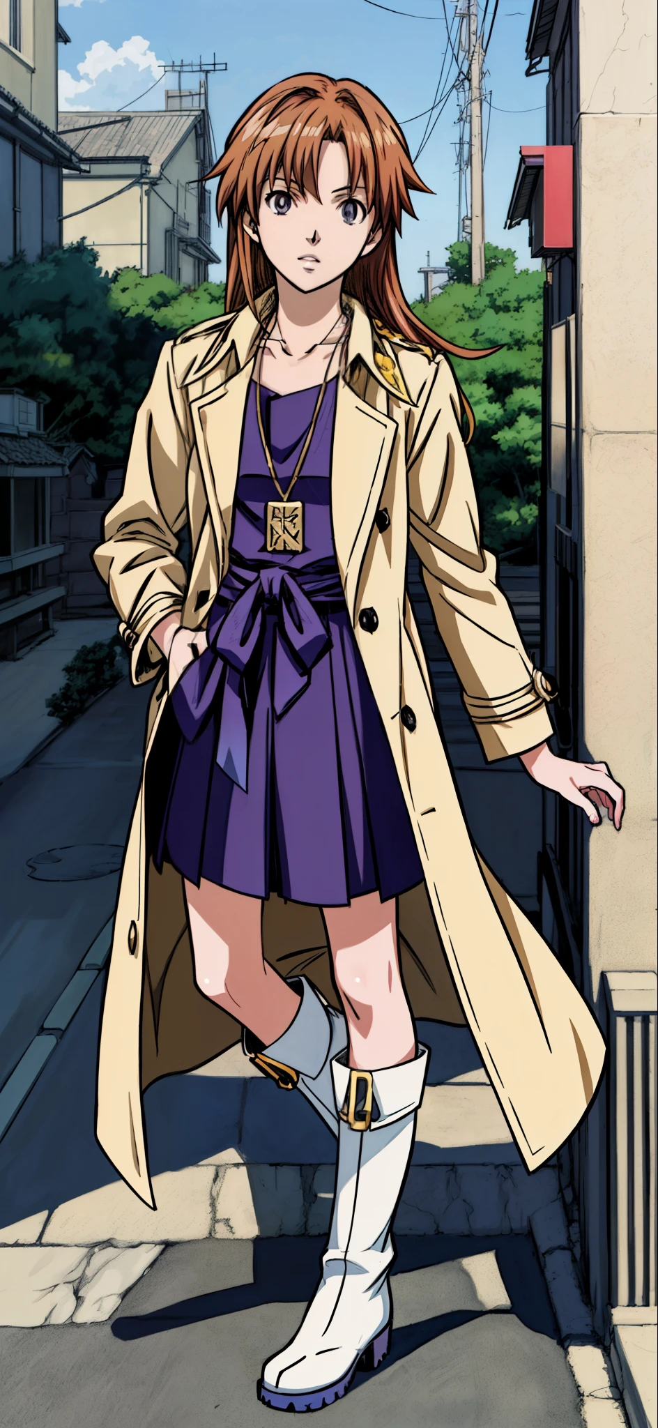 (Best Quality,4K,8K,hight resolution,masutepiece:1.2), Ultra-detailed, (Realistic,photoRealistic,photo-Realistic:1.37), rage, Unhappy,((Golden hair)), ((Medium Long Hair)),Beige trench coat,a necklace,long boots,Beautiful detailed eyes, Beautiful detailed lips, extremely detailed eye and face, long eyelashes, Realistic anime 3D style, Smooth Anime CG Art, Digital rendering by Makoto Shinkai, Moe Anime Art Style, photoRealistic rendering of an anime girl, Shinkai Makoto style, Cute anime girl visuals, Realistic young anime girl, girl fan art, Created by Anime Artist'studio of.