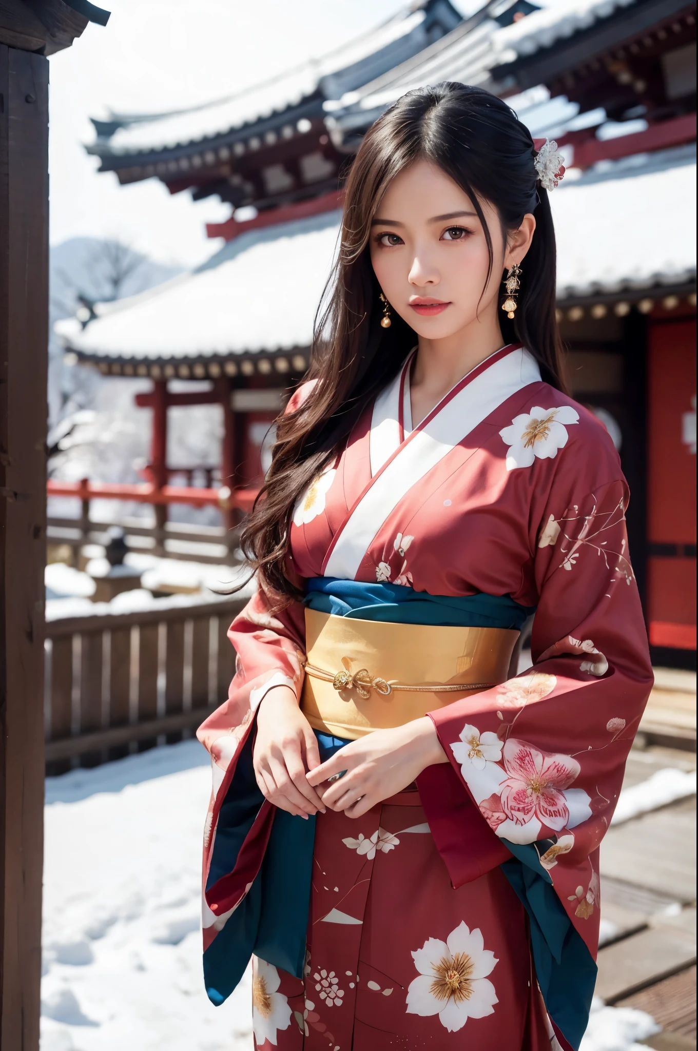 Japanese shinto shrines in snowy landscapes, Early morning of New Year's Day, (A beautiful Japanese girl in a long-sleeved kimono for New Year's celebration, floral print, fur-piece), solo, (Photorealistic:1.4), masterpiece, Best Quality, 8K, ultra high-resolution, cowboy shot, Like a Japanese Idol, Extremely cute, elegant, Slightly bewitching, parted lips, glossy skin, cinematic composition, professional warm lighting and shading, extremely detailed eyes and face, eyes with beautiful details, insanely detailed beautiful realistic skin texture, (correct body balance, accurate hands, accurate eyes)