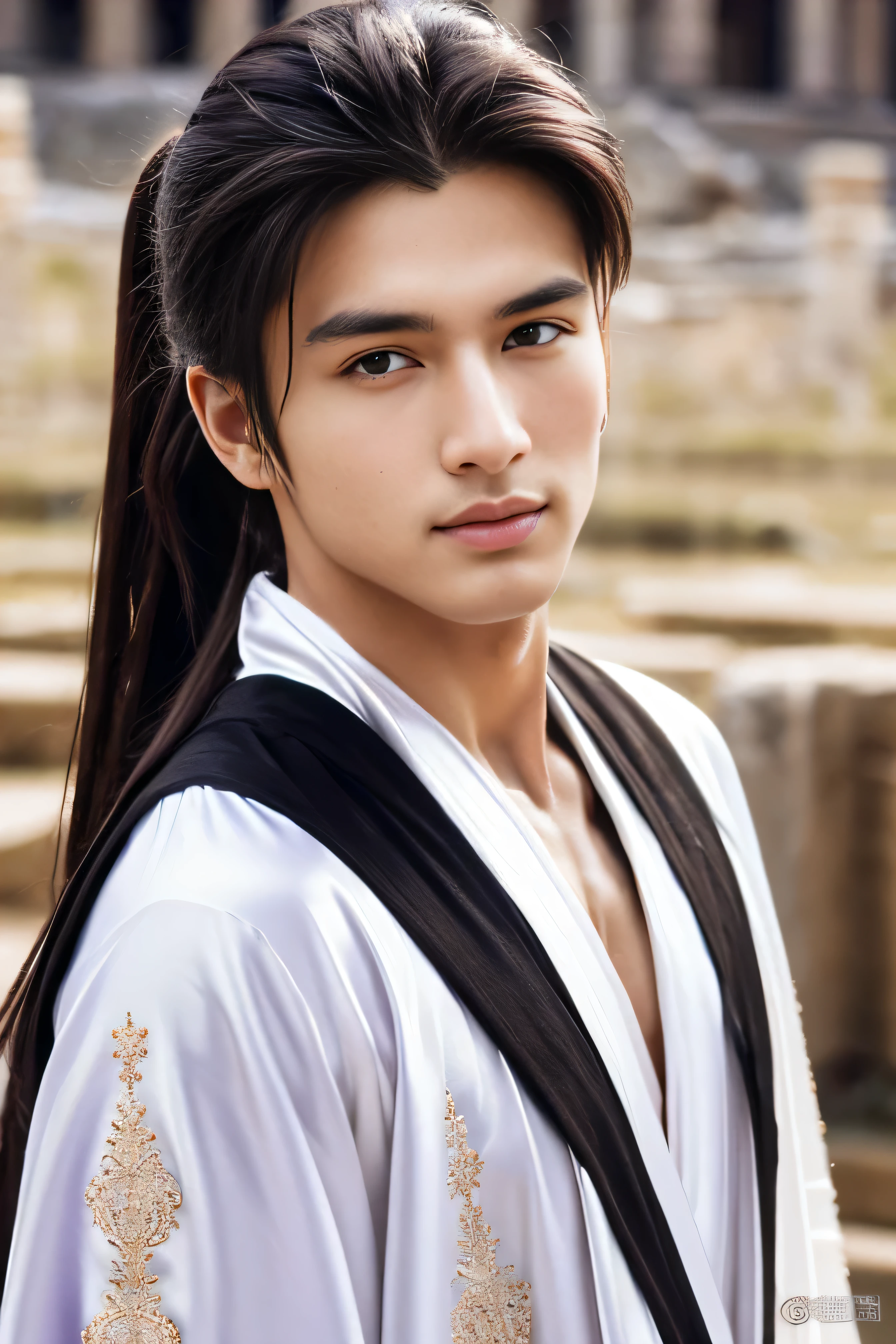 Best quality, masterpiece, ultra high res, (photorealistic:1.4), detailed face, detailed eyes, raw photo, young handsome male, black long hair, (full body), (ancient city ruin background:1.2), wearing white fluffy long robe with silver decoration, purple silk belt, messy ponytail
