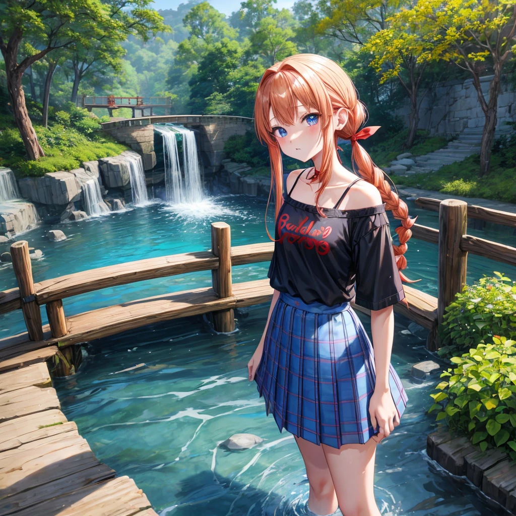 Red-blonde、Blue hair、blue eyess、Braids、poneyTail、one good looking girl、独奏、animesque、Plaid miniskirt、Black T-shirt、camisole、the woods、Walking、Wearing a plaid baseball cap、bare-legged、Tilting your face、log bridge、Doing the ribbon、have a twig、falls、Blue Topaz、Sunset sky、Wearing headphones、Stone bridge、falls壺、Waterwheel、Small fish are swimming