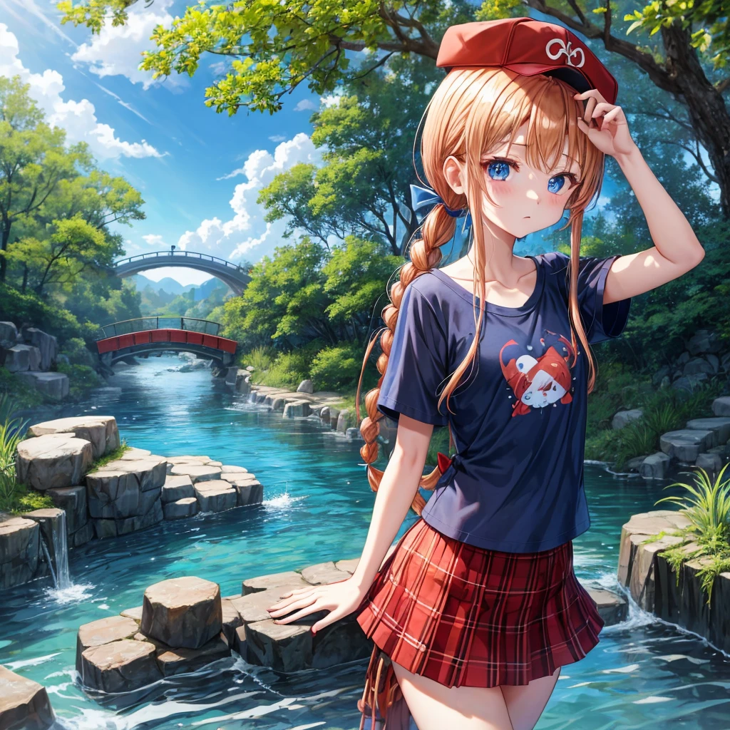 Red-blonde、Blue hair、blue eyess、Braids、poneyTail、one good looking girl、独奏、animesque、Plaid miniskirt、Black T-shirt、camisole、the woods、Walking、Wearing a plaid baseball cap、bare-legged、Tilting your face、log bridge、Doing the ribbon、have a twig、falls、Blue Topaz、Sunset sky、Wearing headphones、Stone bridge、falls壺、Waterwheel、Small fish are swimming