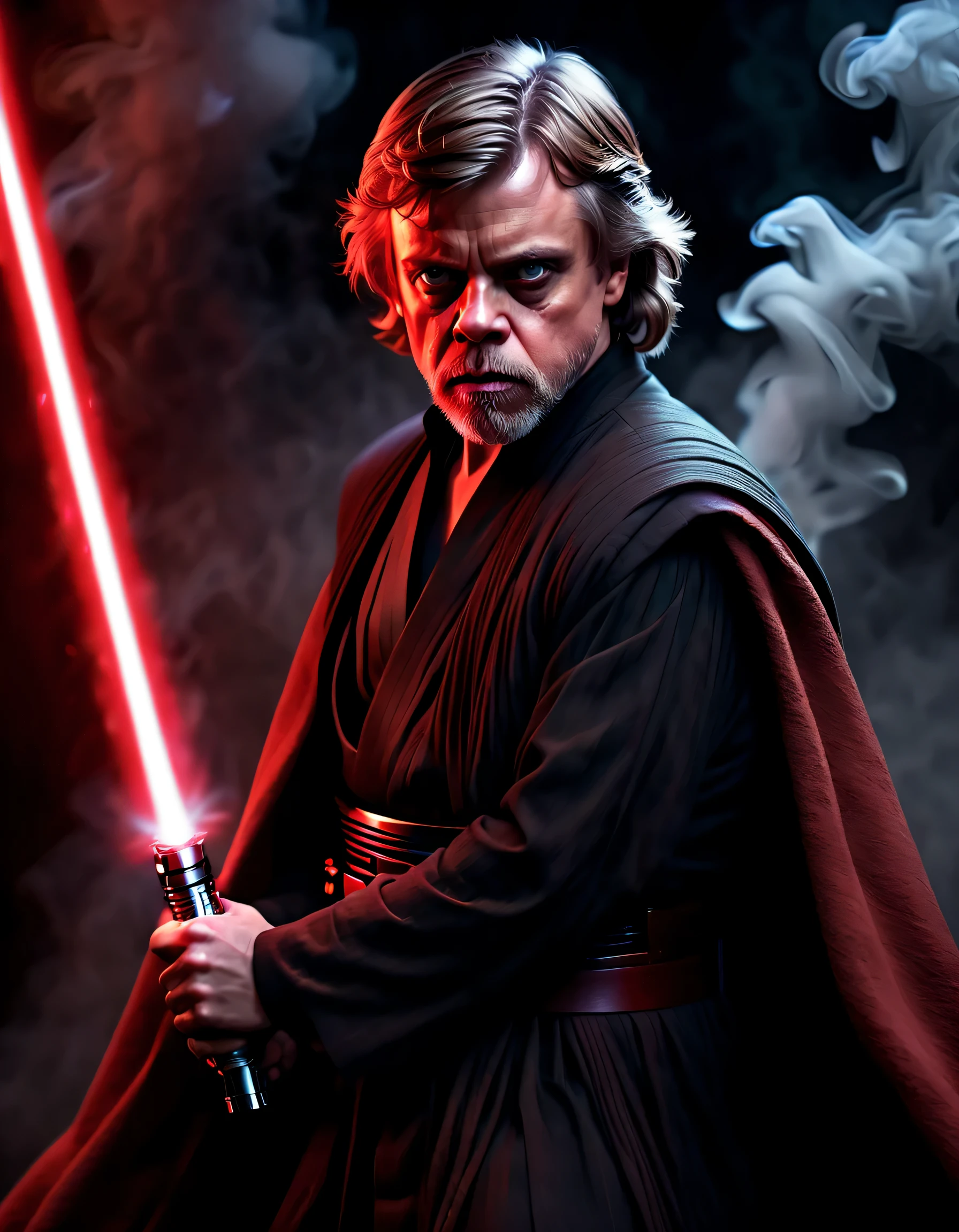 (best quality,Altas,Realistic:1.37),Marcos Hamill,Anakin Skywalker,powerful with the Force,fundo escuro e sinistro,sabre de luz vermelho,corpo inteiro,foco nítido,cabelo detalhado,emotionally intense expression,Paleta de cores vivas,dim lighting,smoke effects,master part:1.2,artistas conceituais