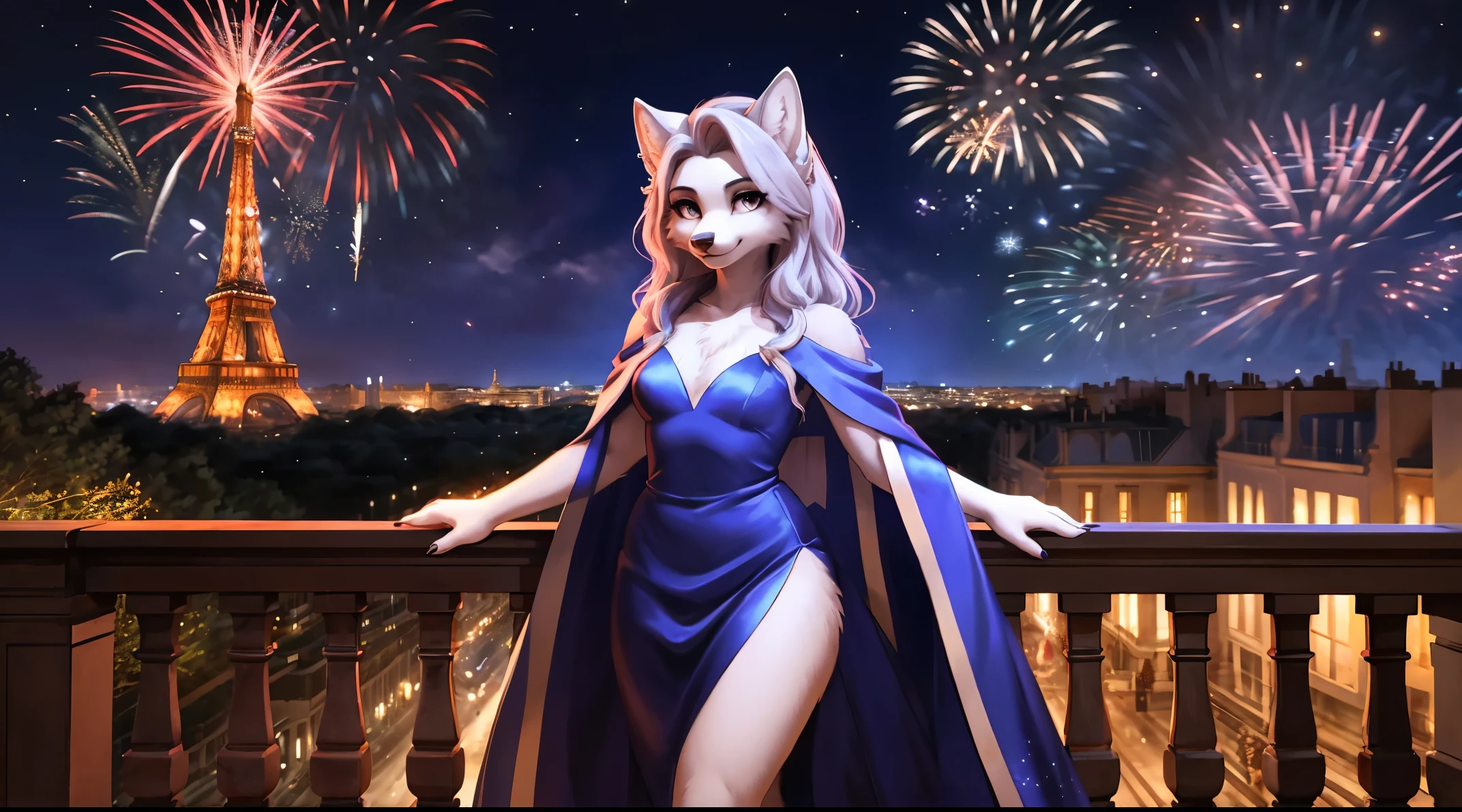Loona, rainha do gelo, near the handrail, mansion, corpo inteiro, antro, lobo, E621, Furbooru, olhos cinza claro, piercing and Beautiful eyes, detailed and Beautiful face, longos cabelos brancos ondulados, alto, levemente musculoso, vestido branco longo, capa de vestido longo, coroa detalhada em prata, Ano Novo, fireworks, Vista da cidade de Paris, Eiffel Tower in the distance, France, sorridente, Olhando para o Viewer, wide view, sozinho, Beautiful, extremamente detalhado, Very high quality, 4k, 8k, HDR, .RAW