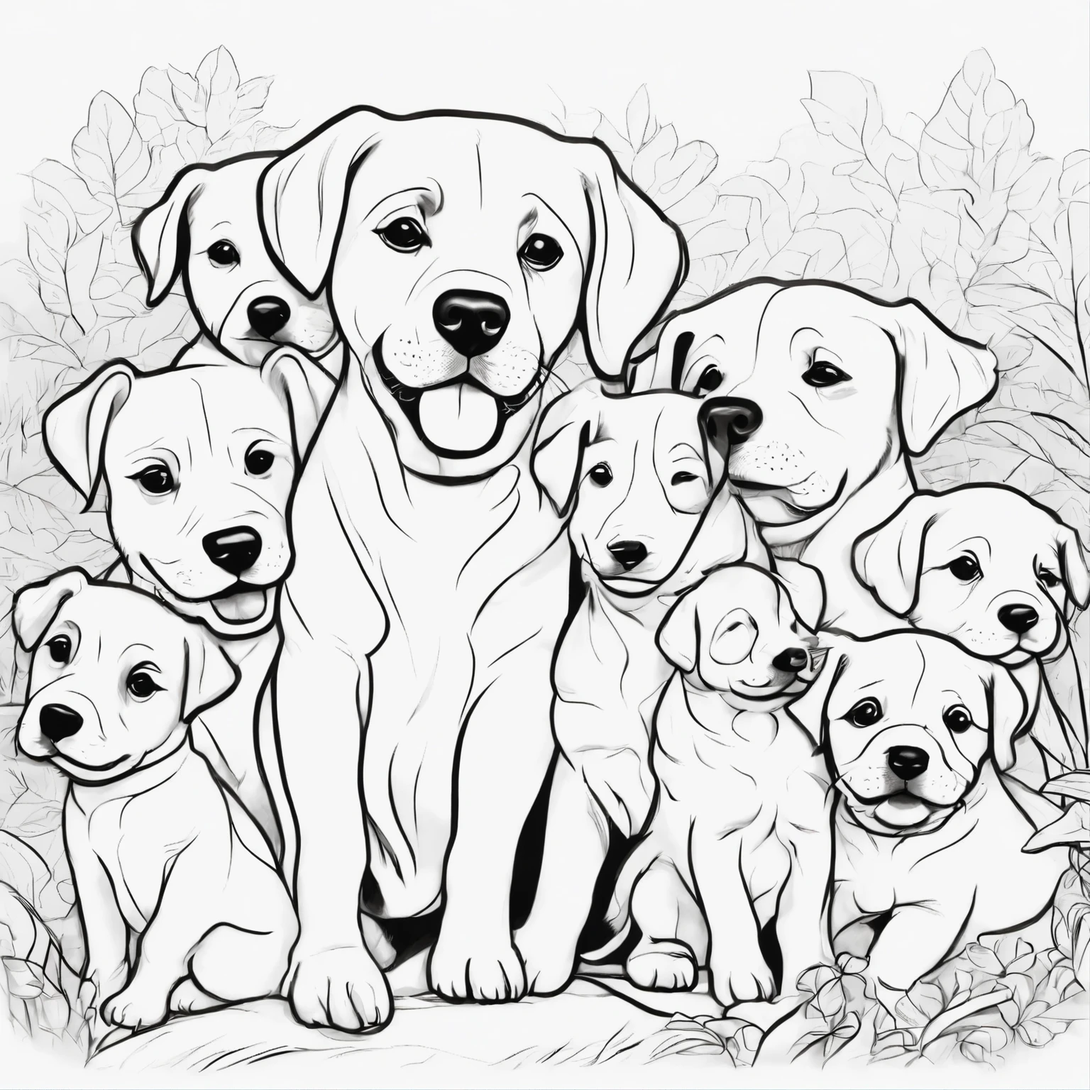 mother and litter of puppies, cartoon style, Line drawing background, White background, monochrome, line-drawing, ((sketch)), Baby Coloring Thick lines sharpened.