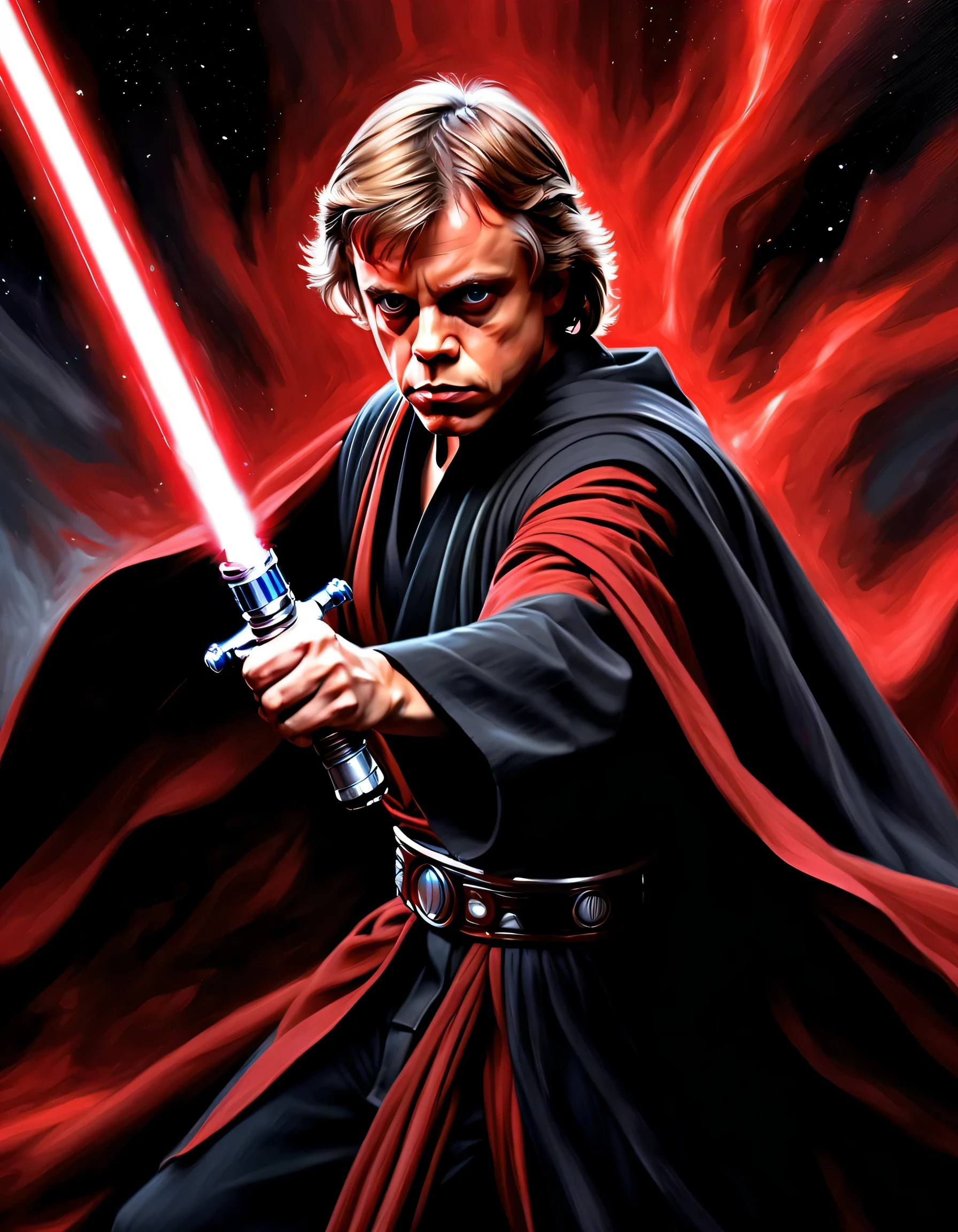 (best quality, Realistic:1.37) Mark Hamill como Anakin Skywalker, powerful with the Force, escolhido, em um fundo escuro e sinistro, empunhando um sabre de luz vermelho, corpo inteiro. [intense expression], [Cabo Fluindo], [postura de batalha intensa]. medium: (oil painting), [dramatic lighting], [detailed facial features], [intense action]. Cores: [tons escuros e contrastantes], [destaques vermelhos sinistros].