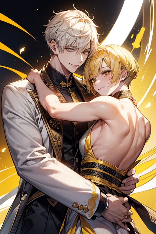 man 1、yellow short hair, long yellow eyelashes、yellow eyebrows、Handsome man with expressive eyes, Smiling, Yellow eyes、细致背景、swet、full bodyesbian