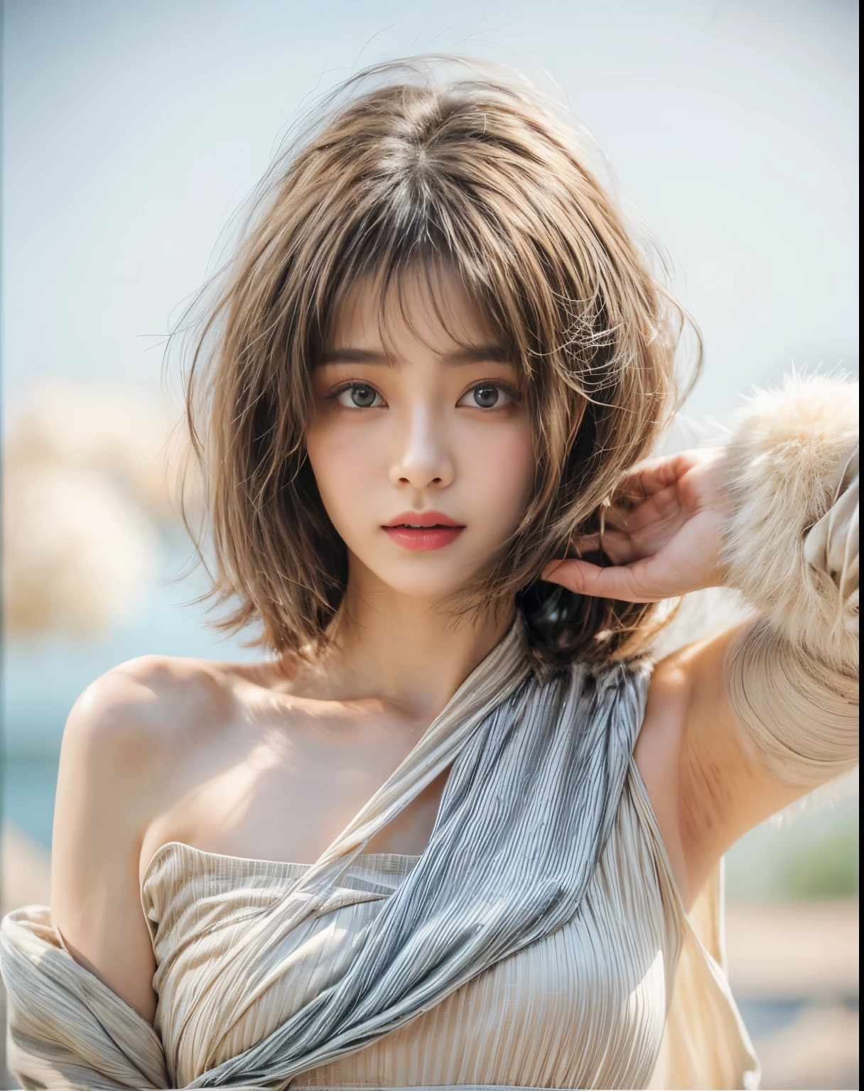 masterpiece、8K、32K、top-quality、(A detailed eye)、(A cute Japanese woman、bangss:1.3)、23years old、1 girl in、elegent、(short-hair、bangss:1.5)、bangss、a plant、