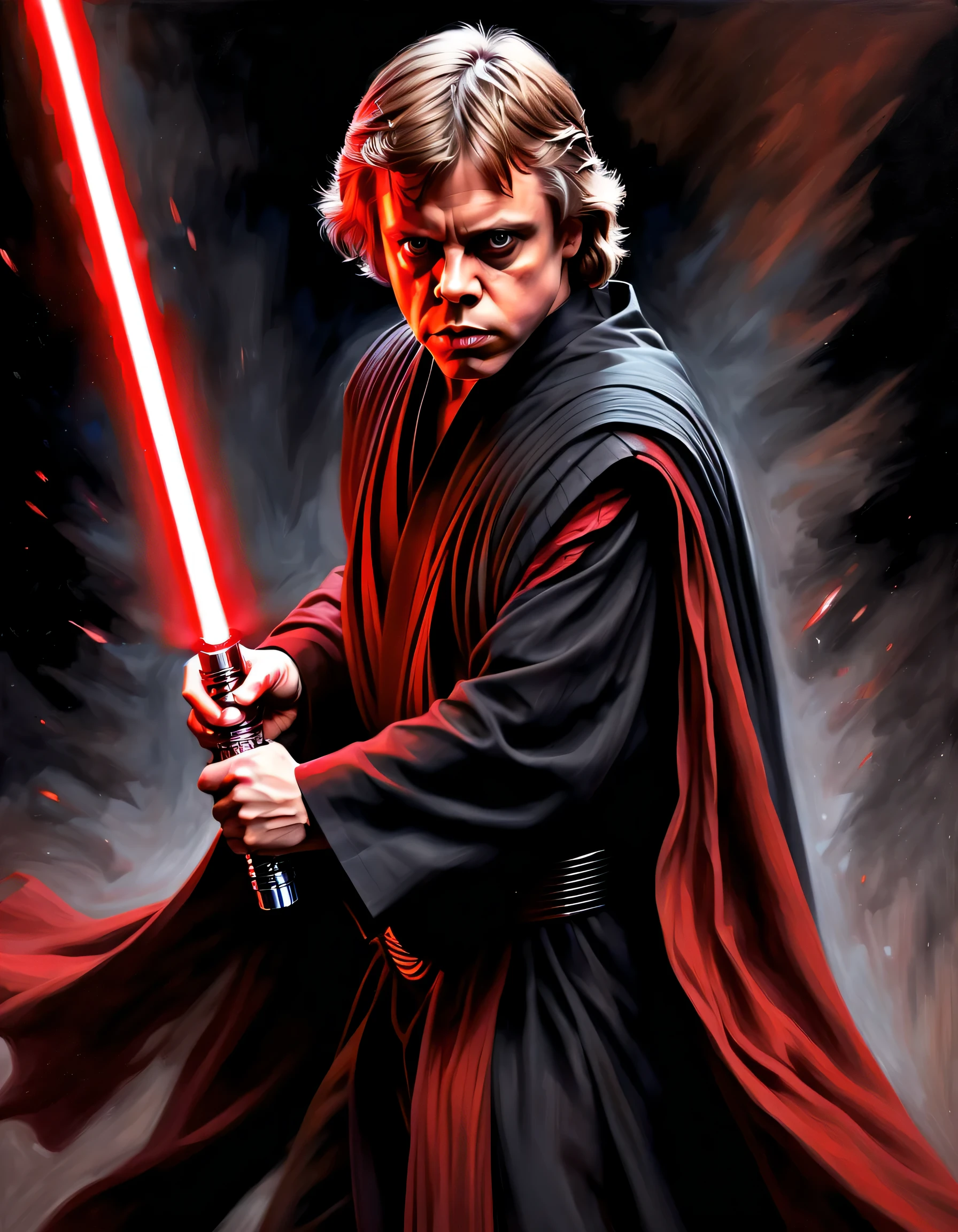 (best quality, Realistic:1.37) Mark Hamill como Anakin Skywalker, powerful with the Force, escolhido, em um fundo escuro e sinistro, empunhando um sabre de luz vermelho, corpo inteiro. [intense expression], [Cabo Fluindo], [postura de batalha intensa]. medium: (oil painting), [dramatic lighting], [detailed facial features], [intense action]. Cores: [tons escuros e contrastantes], [destaques vermelhos sinistros].