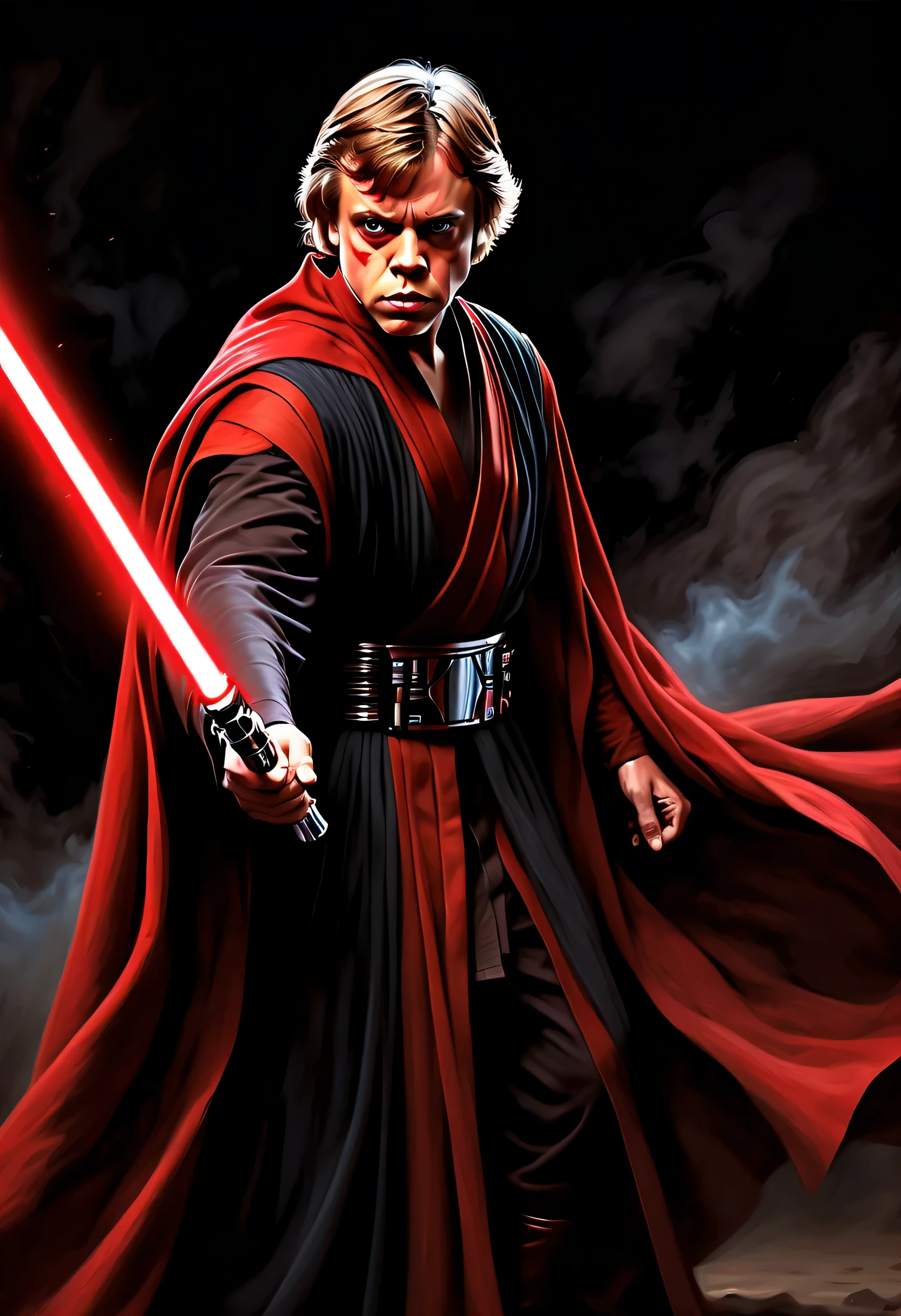 (best quality, Realistic:1.37) Mark Hamill como Anakin Skywalker, powerful with the Force, escolhido, em um fundo escuro e sinistro, empunhando um sabre de luz vermelho, corpo inteiro. [intense expression], [Cabo Fluindo], [postura de batalha intensa]. medium: (oil painting), [dramatic lighting], [detailed facial features], [intense action]. Cores: [tons escuros e contrastantes], [destaques vermelhos sinistros].