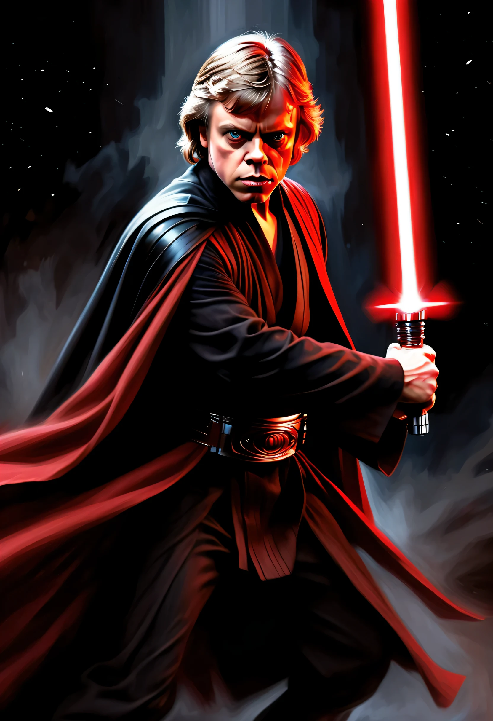 (best quality, Realistic:1.37) Mark Hamill como Anakin Skywalker, powerful with the Force, escolhido, em um fundo escuro e sinistro, empunhando um sabre de luz vermelho, corpo inteiro. [intense expression], [Cabo Fluindo], [postura de batalha intensa]. medium: (oil painting), [dramatic lighting], [detailed facial features], [intense action]. Cores: [tons escuros e contrastantes], [destaques vermelhos sinistros].