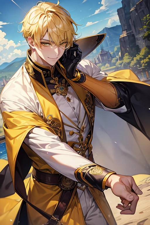 man 1、yellow short hair, long yellow eyelashes、yellow eyebrows、Handsome man with expressive eyes, Smiling, Yellow eyes、细致背景、The brave、full bodyesbian