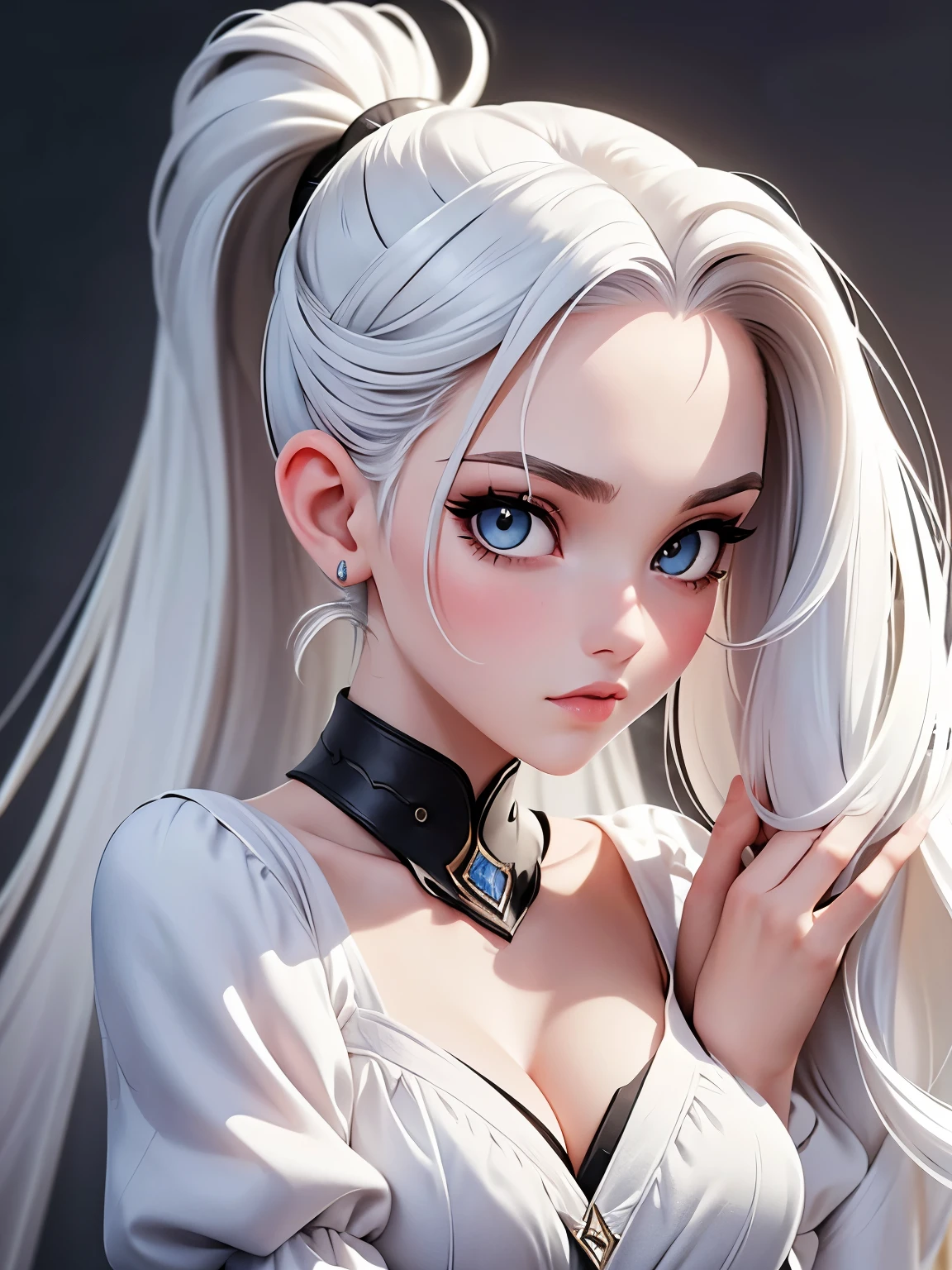 Manon is a young, extremely beautiful girl with fair skin. Long, moon white hair, ponytail and asymmetrical bangs, laid on one side, and eyes the color of pure silver. After meeting her people say, that she is the most beautiful woman, what have they ever seen