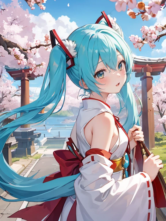 high-level image quality,1girl,miku hatsune,shrines,miko,White Dragon,Dragon in the sky,Plum blossoms,Pines,