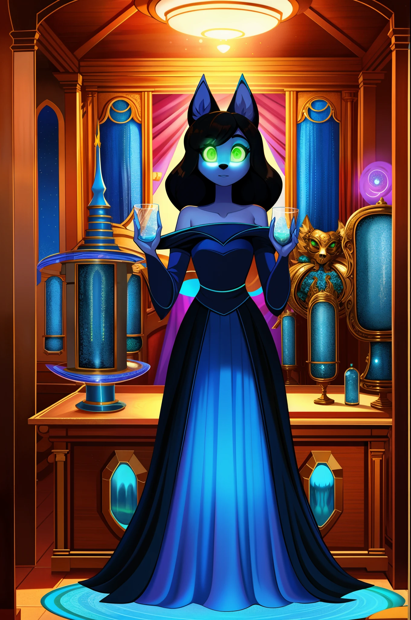 1girl, housewife, wolf anthro, black hair, green eyes, glowing eyes, blue dress, glass case, mind-controlled, hypnotized, attention, hollow eyes, 3D Disney style, full body