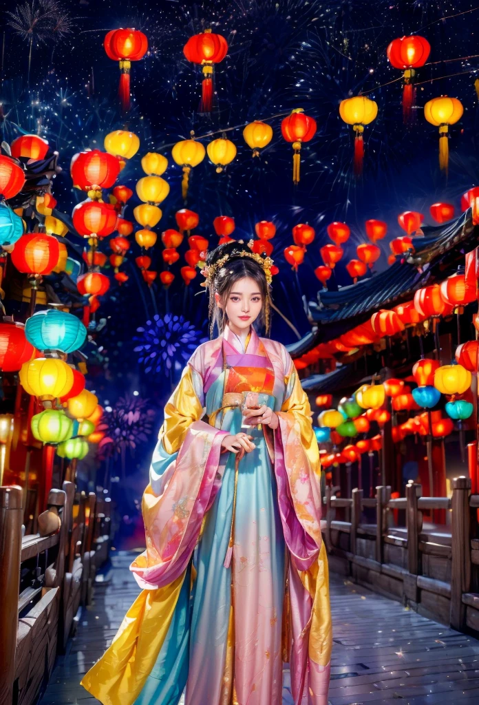 (Faraway view:1.9),The beautiful(Shanghai Yu Garden)Celebrate New Year's Day New Year's Countdown,new year 2024,(fireworks in the night sky:1.8),(((Hanging with many colorful arowana lanterns and decorations))),((Gorgeous Yu Garden)),((Fireworks bloom)),Beautiful reflection of fireworks and lanterns,a joyful atmosphere,((韩国女孩在Shanghai Yu Garden灯会展示她最美的红色汉服时尚舞蹈)),(pedestrians),Psychedelic stage,Ethereal atmosphere, (Anatomically correct, Delicate face makeup , pretty face, The face shape is perfectly proportioned),(Advanced facial details:1.1)A collection of shiny blue luxury Hanfu dresses,Gorgeous Hanfu costumes and Hanfu beauties,真实感,Amazing Cleavage, 电影灯光, Sony FE , wide angles, first person perspective, 8K, hyper HD, tmasterpiece, acurate, ctextured skin, high detal, Best quality at best, Award-Awarded,Shoot from a distance,Sense of distance, hanfu,nsfw