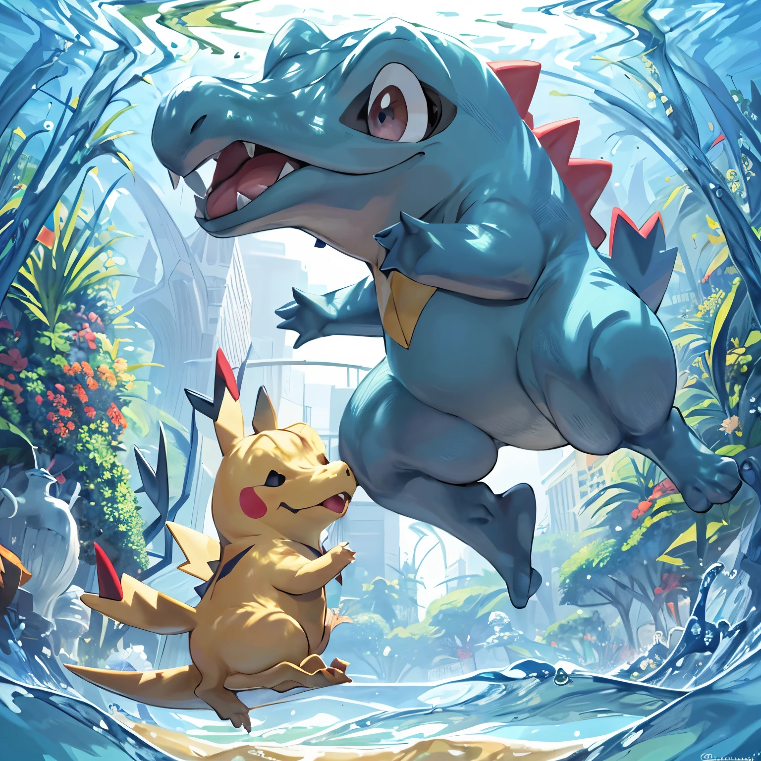 Centered, award - winning photo, (Looking at Viewer:1.2), |  Totodile_A pokémon, |under the water, bubbleke, depth of fields, Cinematic composition, |、Pikachu、Kaminari tail