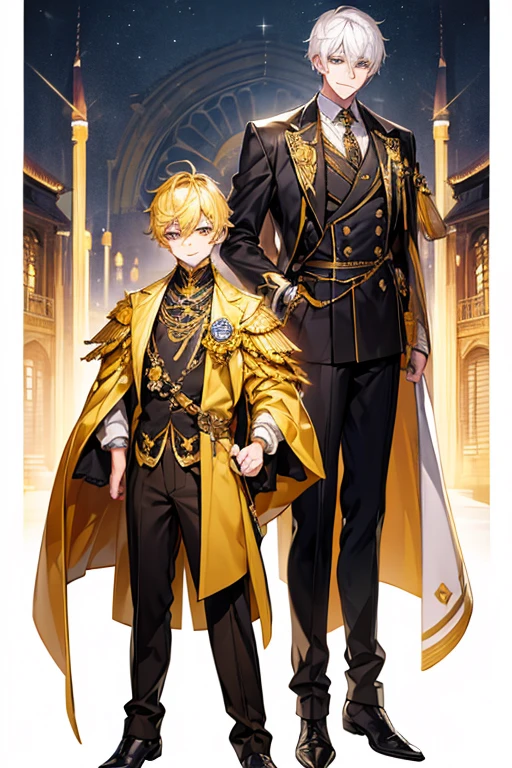 man 1、yellow short hair, long yellow eyelashes、yellow eyebrows、Handsome man with expressive eyes, Smiling, Yellow eyes、细致背景、Full body view、knights