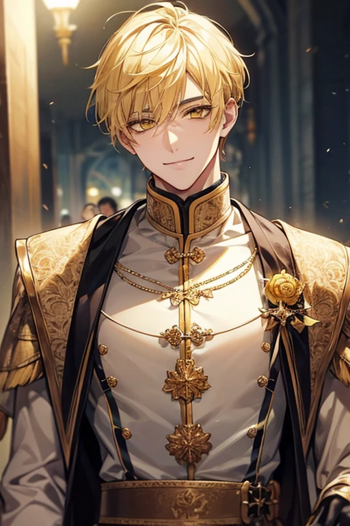 man 1、yellow short hair, long yellow eyelashes、yellow eyebrows、Handsome man with expressive eyes, Smiling, Yellow eyes、细致背景、knights