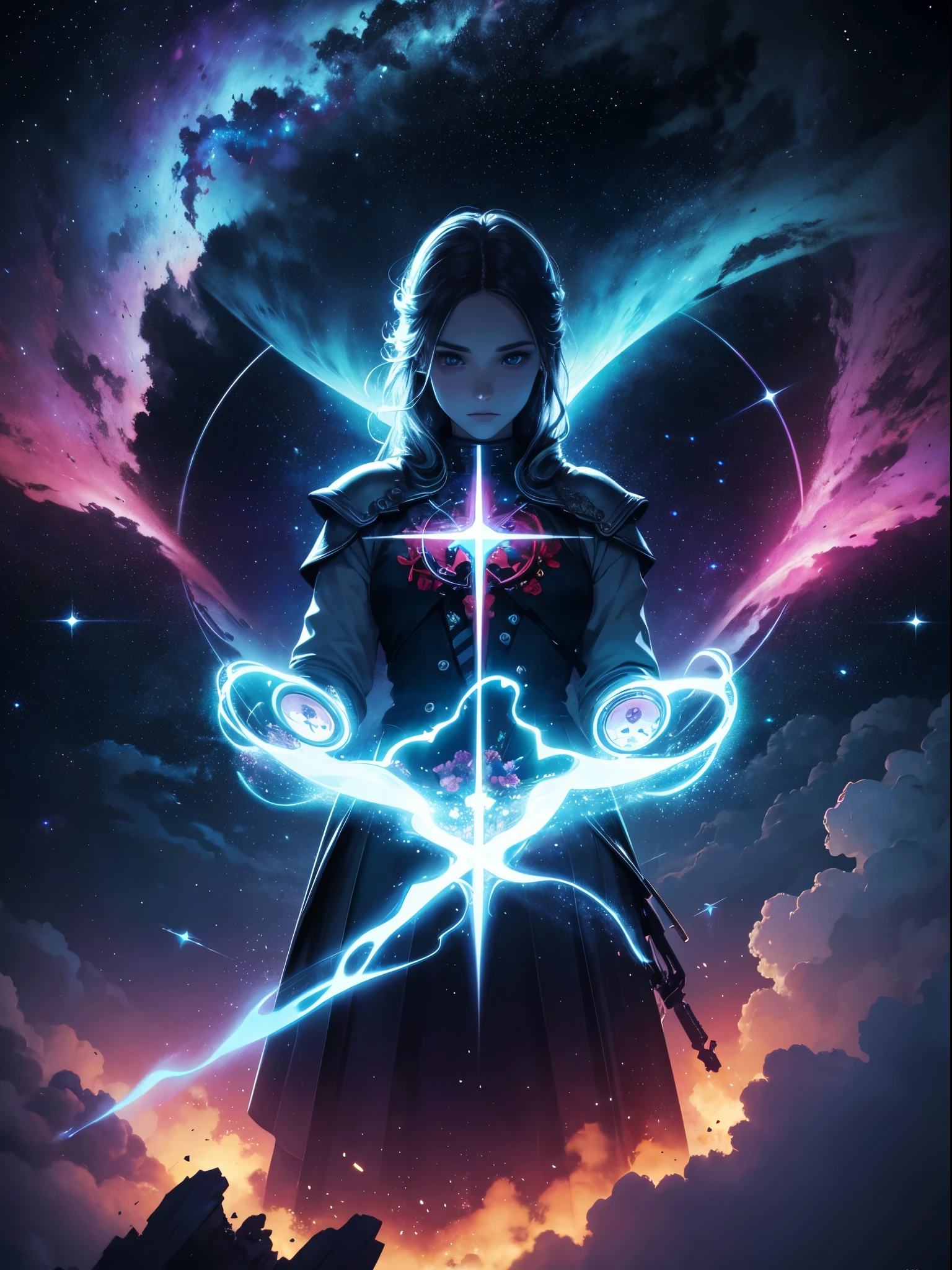 (Best quality at best,4K,A high resolution,tmasterpiece:1.2),ultra - detailed,actual:1.37,pixel sorted,(((Red ,holy cross ray, Blooming flowers))),Interstellar clouds and fog background,Polished,silver skull,light composition,rainbowing,rainbowing around skull,Colorful,Domineering renderings of various structures,Brilliant circular composition,Alone
