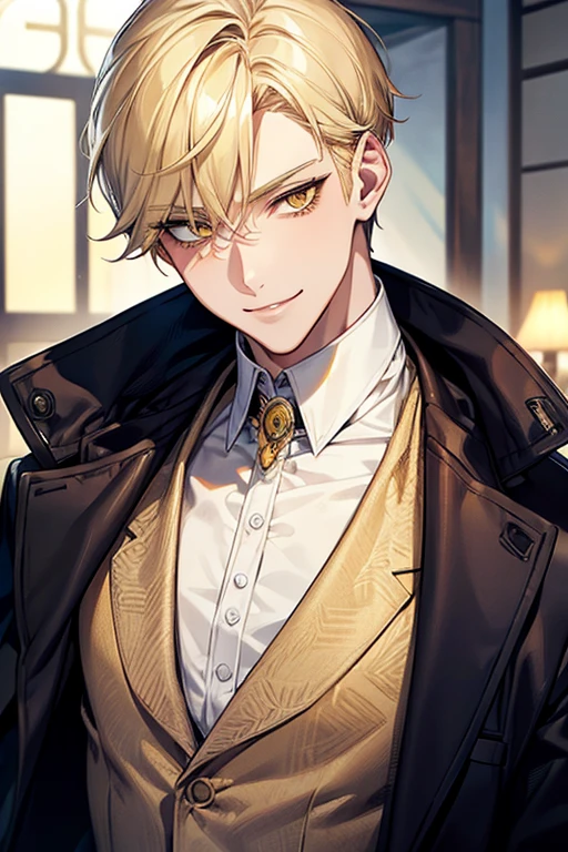 man 1、yellow short hair, long yellow eyelashes、yellow eyebrows、Handsome man with expressive eyes, Smiling, Yellow eyes、细致背景、detective
