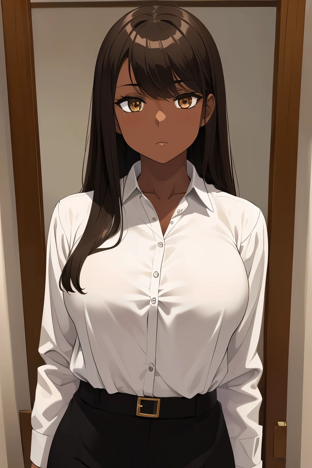 Masterpiece, (solo), absurdres, portrait, ((upper body)), ((cowboy shot)), detailed background, fine detail, HDR, dark-skinned female, gold eyes, white dress shirt, black pants, bored expression, brown hair, long hair