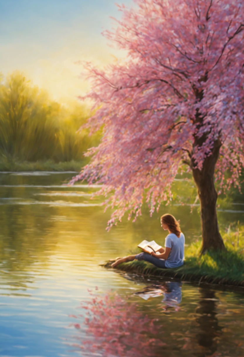 (best quality,4k,8k,highres,masterpiece:1.2),ultra-detailed,(realistic,photorealistic,photo-realistic:1.37),girl reads a book by the lake,bright colors,spring,willow branches,comfort,warm sunlight,serene lake,rippling water,soft breeze,rustling leaves,reflective surface of the water,sunlight streaming through the willow branches,golden hour light,pink and purple blossoms,tranquil atmosphere,peaceful ambiance,lush green grass,colorful wildflowers,dappled sunlight,relaxing environment,gentle waves on the lake's surface,content expression,bright blue sky,quiet surroundings,serenity,elegant willow tree beside the lake,clear blue water,delicate reflections,calm state of mind,springtime freshness,relaxation close