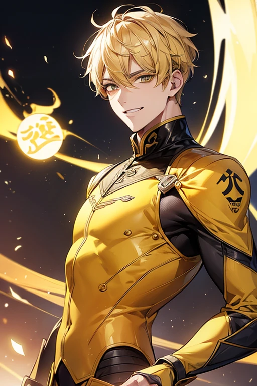 man 1、yellow short hair, long yellow eyelashes、yellow eyebrows、Handsome man with expressive eyes, Smiling, Yellow eyes、细致背景、Special attack suit
