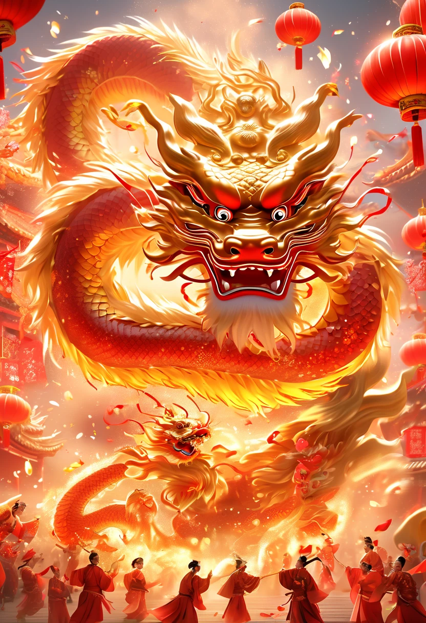 (best quality,4k,8k,highres,masterpiece:1.2),ultra-detailed,(realistic,photorealistic,photo-realistic:1.37),Chinese New Year poster (2024),festive,fireworks,soaring dragons,traditional decorations,joyful celebration,colorful lanterns,vibrant atmosphere,auspicious symbolism,Temple Fair bustling with activities,illuminated cityscape,glowing lanterns,dragon dance in the streets,harmonious blend of tradition and modernity,rhythmic beat of drums and cymbals,sparkling golden dragon,customary red and gold color palette,exciting cultural performances,cheerful lion dance,exquisite -cutting art,popular traditional foods like dumplings and tangyuan,family reunion and togetherness,warm festive greetings and blessings,brilliant display of fireworks lighting up the night sky,elaborate parade floats representing Chinese mythology and folklore,auspicious fruits and flowers,prosperity and good fortune,traditional costumes and accessories,elaborate calligraphy and Chinese characters,auspicious blessings for the new year,year of the Dragon showcasing strength and power,unequivocal display of Chinese culture and traditions.