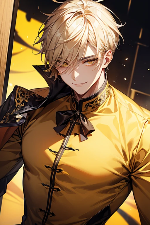 man 1、yellow short hair, long yellow eyelashes、yellow eyebrows、Handsome man with expressive eyes, Smiling, Yellow eyes、细致背景、Yankee