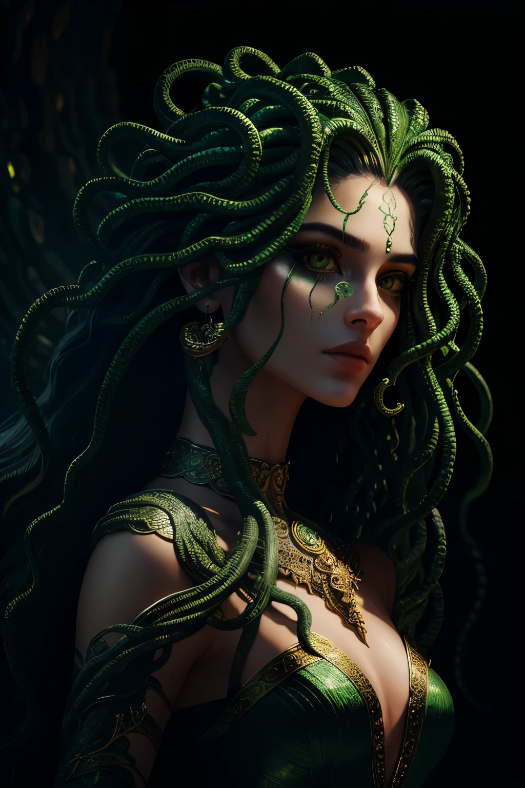 ((best quality)), ((masterpiece)), ((realistic)), Medusa, full body, the hair is composed of countless small snakes, green eyes, female face, metal carved top, royal aura, trend on artstation , sharp focus, studio photo, intricate detail, very detailed, detailed eye, illustration, very detailed, sharp focus, digital render, professional, 4k