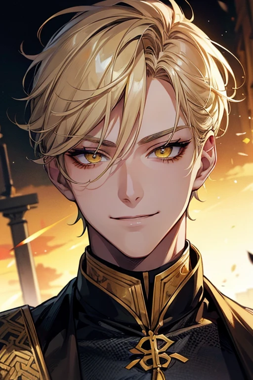 man 1、yellow short hair, long yellow eyelashes、yellow eyebrows、Handsome man with expressive eyes, Smiling, Yellow eyes、细致背景、Assassin