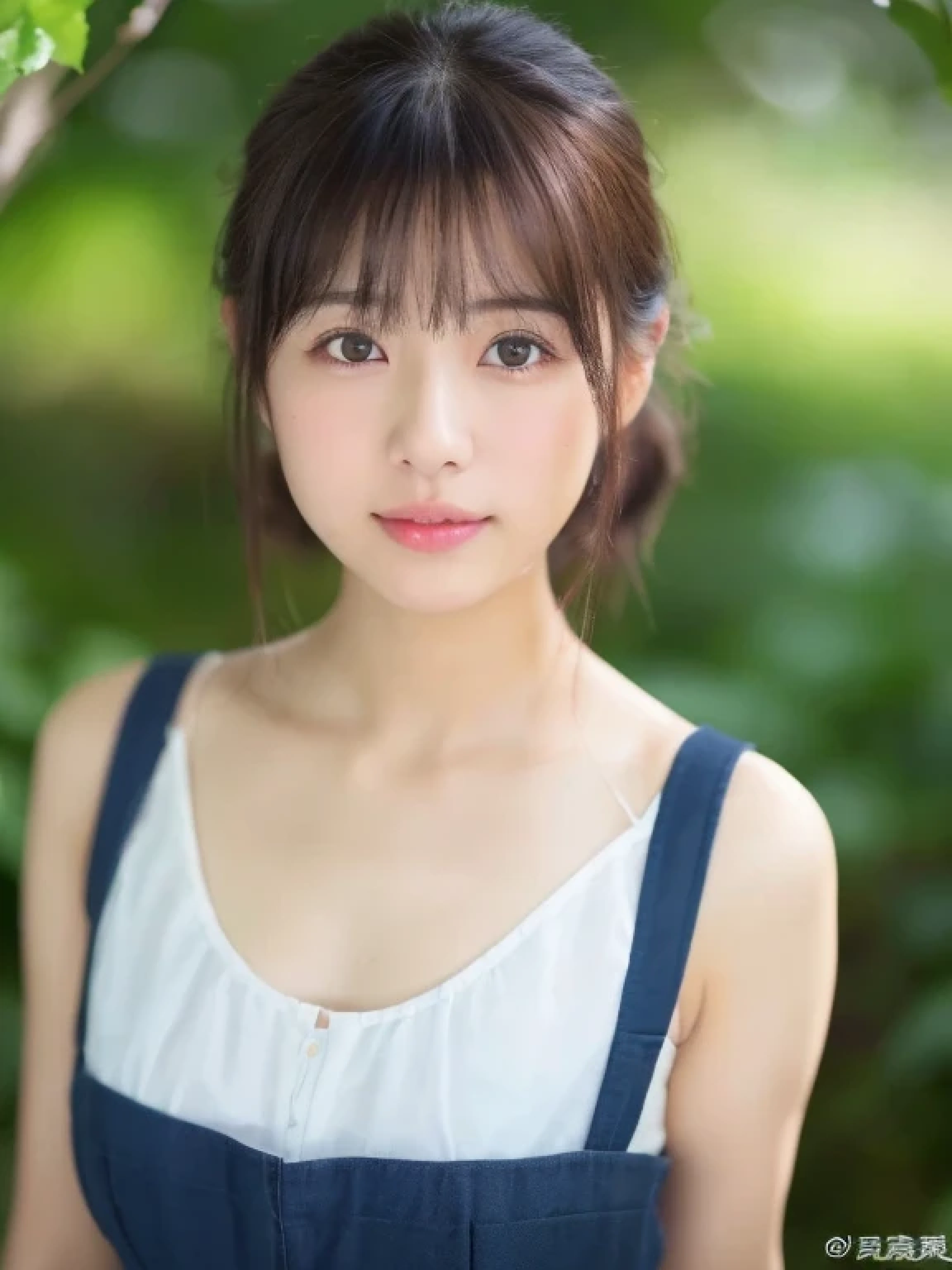 ((cute little日本の女の子、Beautiful japanese girl、1 girl in、Unclear、age19、poneyTail、Highly detailed facial and skin texture、refinement、hyperdetailed face、ultradetailed eyes、blusher、blush、teak、ピンクのteakを塗った頬、close-up of woman、bustup、frontageを向いている顔、frontageを向いている体、Looking at the camera、frontage、cute little、smooth white skin、Transparent skin texture、))、(dark brown  hair、bangss)、Beautiful Women in Perfect Style：1.4、Japanese Models、Young gravure idols、若いcute littleグラビアアイドル、Realistic Young Gravure Idol、refinementされたグラビアアイドル、((top-quality、in 8K、​masterpiece:1.3、１Photo))、(4K、RAW Photography、top-quality)、(reallistic、フォトreallistic:1.37)、Place a person on the other side of the screen、natural soft light、upper body and head、