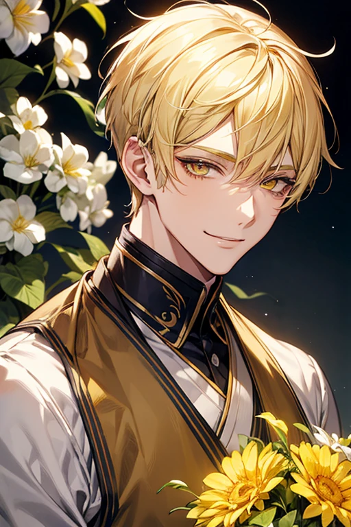 man 1、yellow short hair, long yellow eyelashes、yellow eyebrows、Handsome man with expressive eyes, Smiling, Yellow eyes、细致背景、flower arrangement