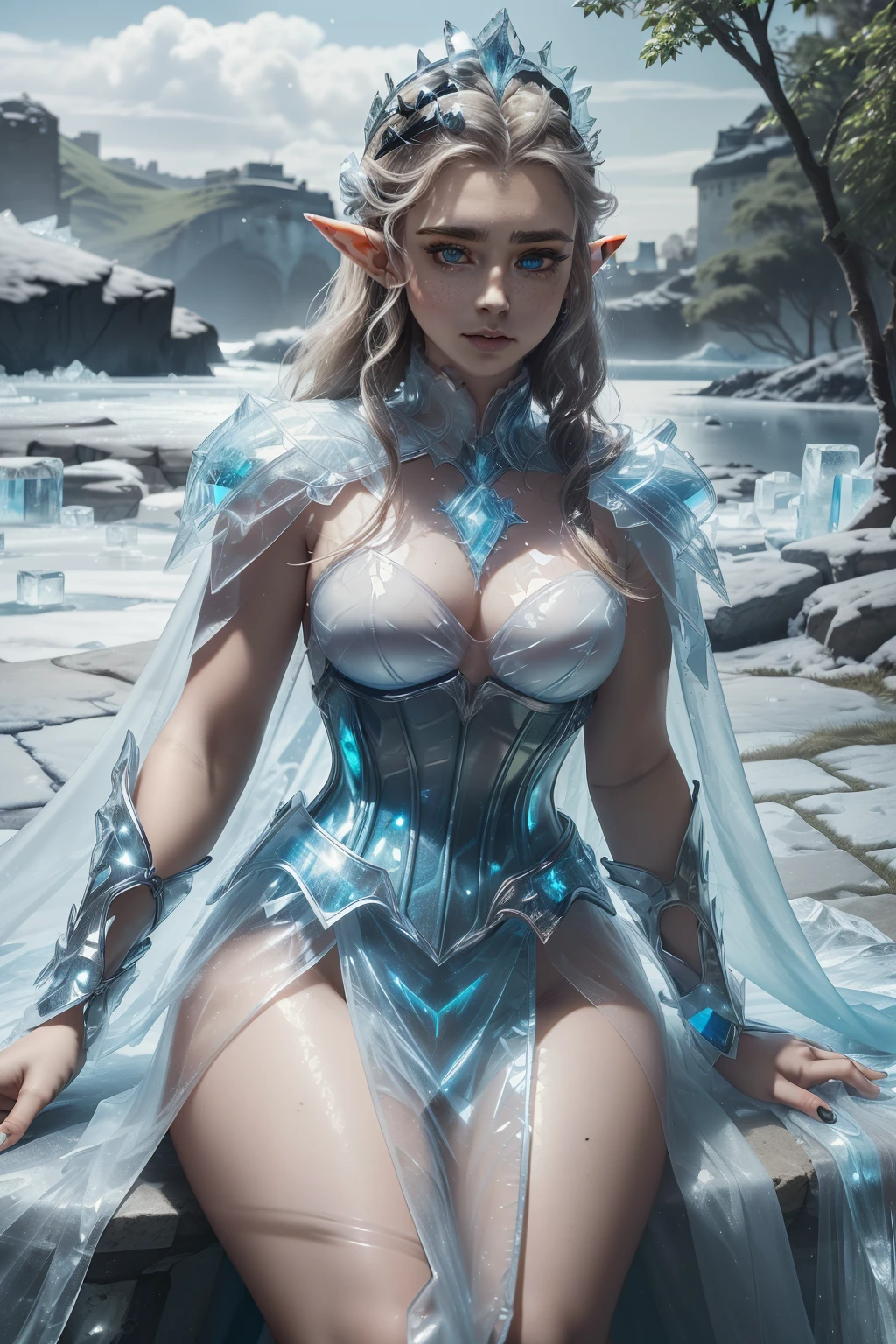 Fantasy, medieval, facing camera, ((best quality)), ((masterpiece)), (detailed), perfect face, perfect body, beautiful sexy elf, sitting, long white hair, big eyes, blue eyes, black eyeliner, hourglass figure, freckles, outdoors, ice castle, crown of ice on head, corset, see-through, iridescent, glass armor, flowing cape