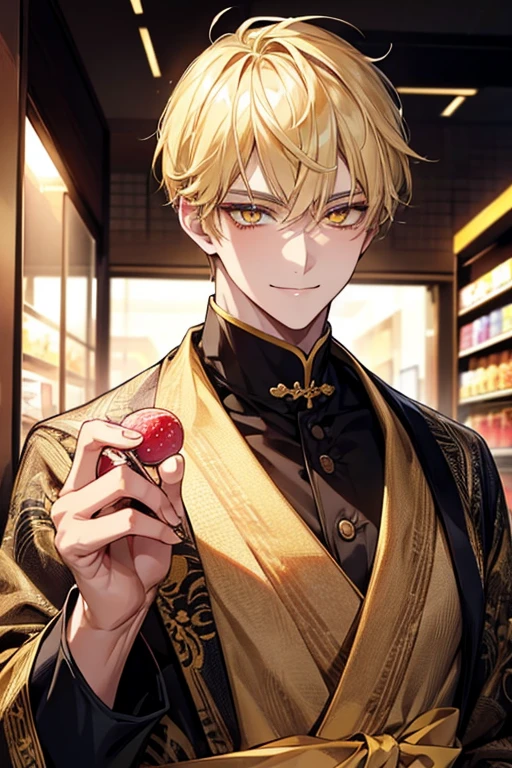 man 1、yellow short hair, long yellow eyelashes、yellow eyebrows、Handsome man with expressive eyes, Smiling, Yellow eyes、细致背景、Candy store