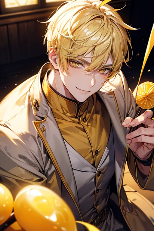 man 1、yellow short hair, long yellow eyelashes、yellow eyebrows、Handsome man with expressive eyes, Smiling, Yellow eyes、细致背景、Candy store