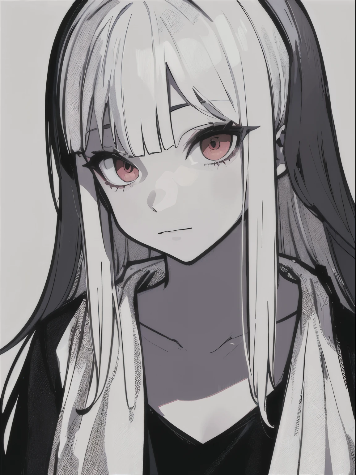 (Black and white background),Monochrome background,( (Black and whiyle of painting,(empty background),((Flat chest)),(Front Portrait), (Black and whature Women,((Microthorax)),(High cold),Hey, hey, smile,monochrome, blank stare, dead fish eyes, cool beauty,half lidded eyes, indifferent expression, black and white portrait, bored, impassive, loner,(Alone),Wispy bangs,Textured straight,Above the waist,((White Hair)),(Red Pupil),((White Shawl-Collar Dress)),Wispy bangs