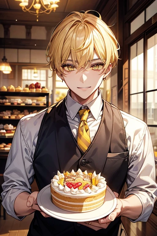 man 1、yellow short hair, long yellow eyelashes、yellow eyebrows、Handsome man with expressive eyes, Smiling, Yellow eyes、细致背景、Cake shop、patissier