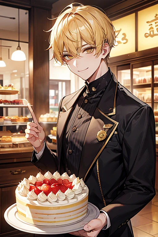 man 1、yellow short hair, long yellow eyelashes、yellow eyebrows、Handsome man with expressive eyes, Smiling, Yellow eyes、细致背景、Cake shop、patissier